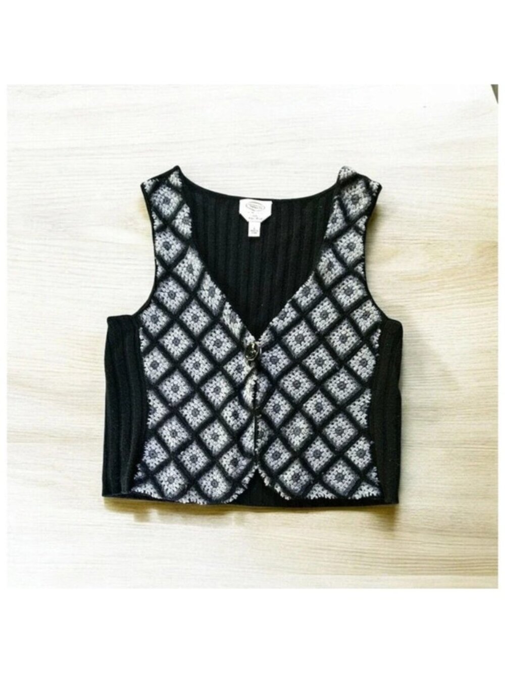 Large Black Gray Granny Square Merino Wool Sweater Vest Boho Hippie Festival